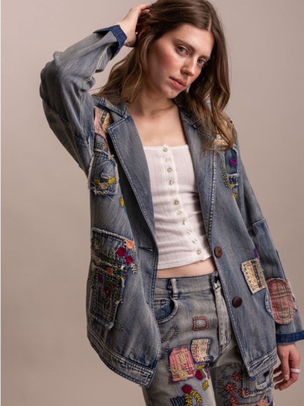N2 New 🔥Bluevelvet embroidery patchwork denim jacket - Picture 7 of 11